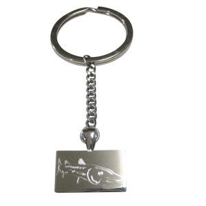 Silver Toned Rectangular Etched Barracuda Fish Pendant Keychain